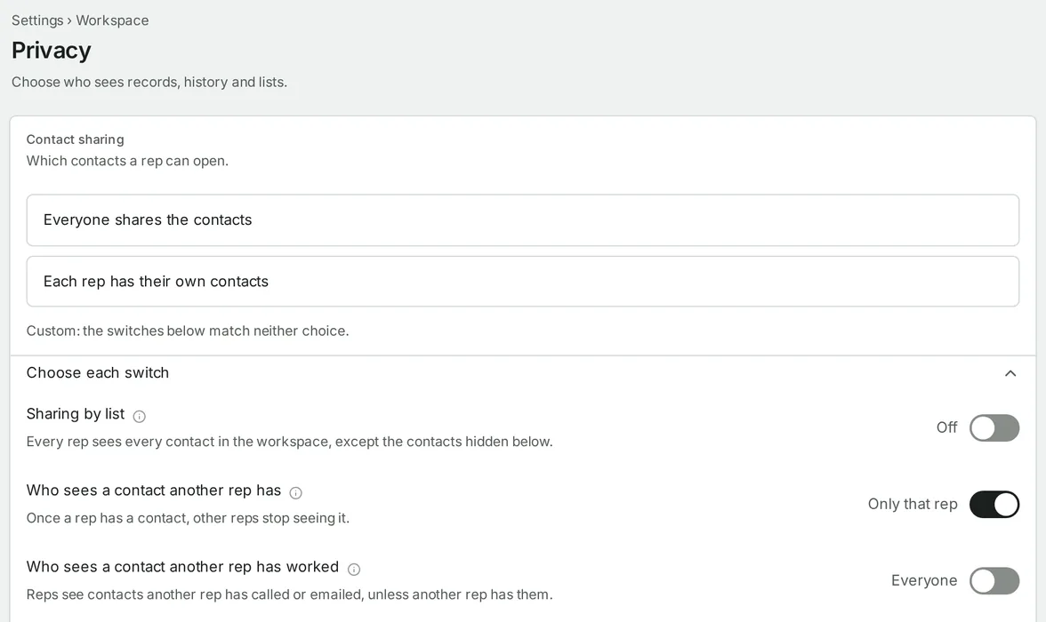 Settings, Privacy: who can open which contacts, with a choice between everyone sharing the contacts and each salesperson having their own, and a switch for each rule.