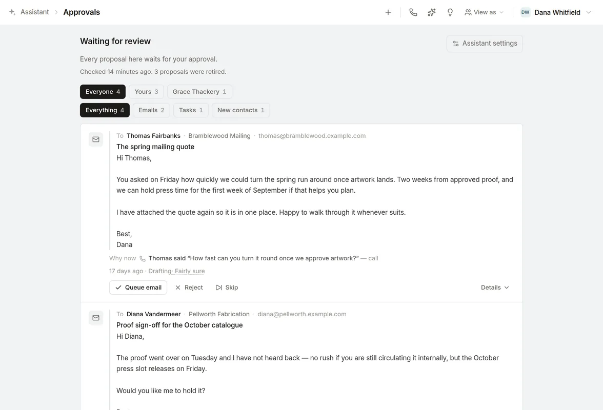 The review queue: two drafted emails, each with the call or email that prompted it and buttons to queue, reject or skip.